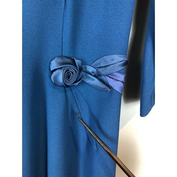 Vtg Mid Century Topaz Original Blue Crepe Dress Silk Rosettes Small 1950s/60s - Picture 3 of 9